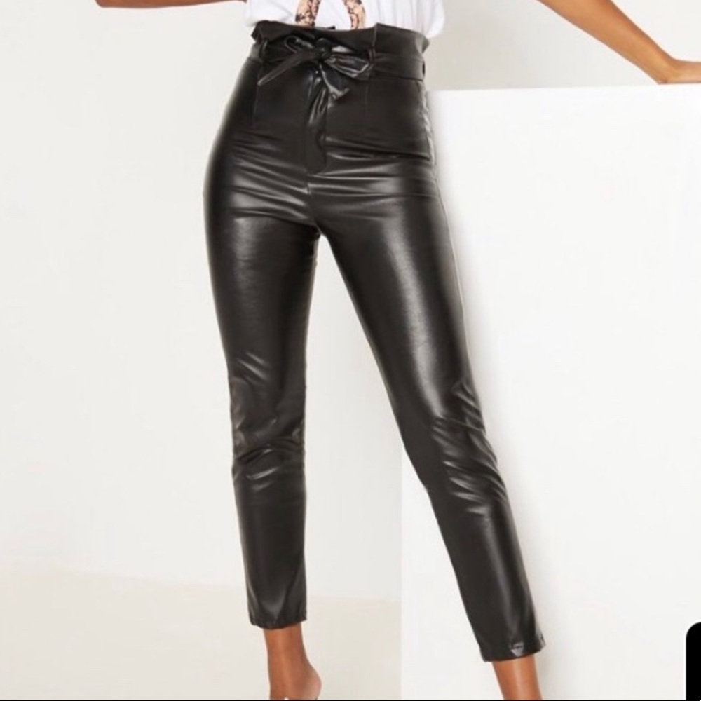 High waisted black leather pants